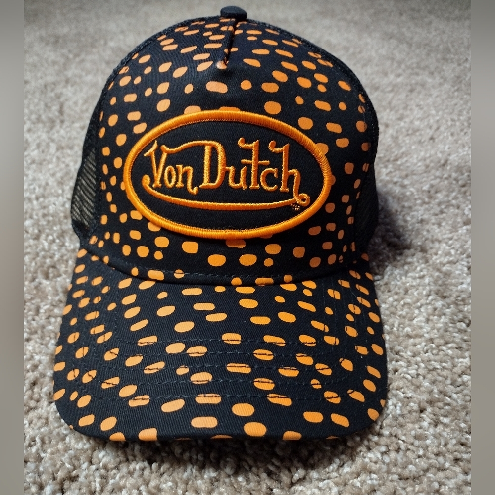 Von Dutch Black and Orange Polka Dot Hat